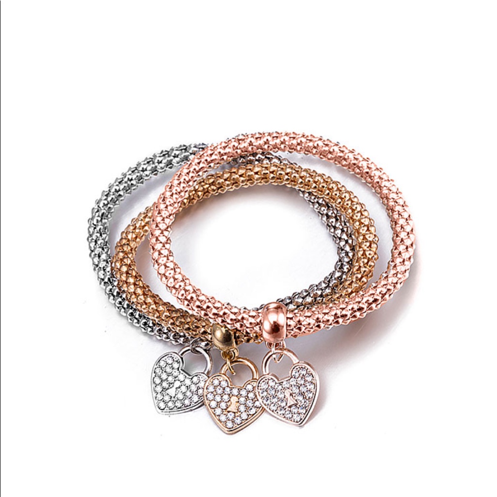 Golden Nyc Tri Tone Stretch Bracelet Set W/Swarovski Crystals